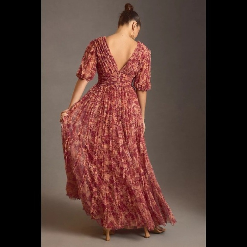 $798 NWT Anthropologie Mac Duggal Size 4 Red Floral Ruffle Long Maxi Dress Gown - Picture 6 of 12